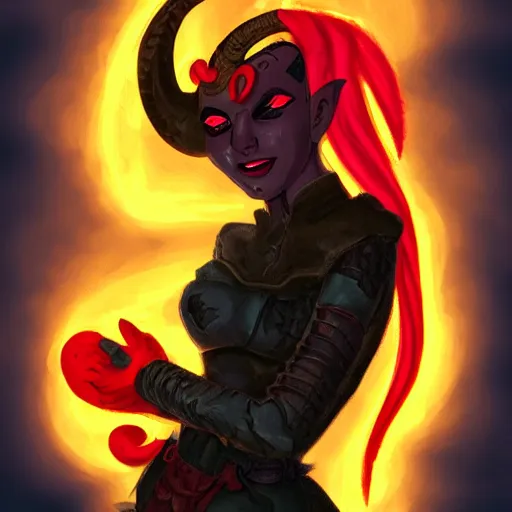 Prompt: A portrait of a tiefling woman made out out translucent fire. She has a cute smile. Her clothes are totally punk-rock