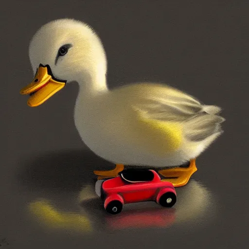 Prompt: Duck inspecting a toy car, digital art, artstation