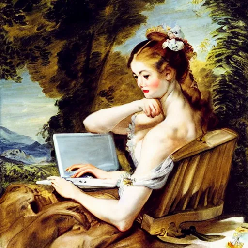 Image similar to heavenly summer sharp land sphere scallop well dressed lady looking at her laptop while drinking a starbucks coffee auslese, by peter paul rubens and eugene delacroix and karol bak, hyperrealism, digital illustration, fauvist