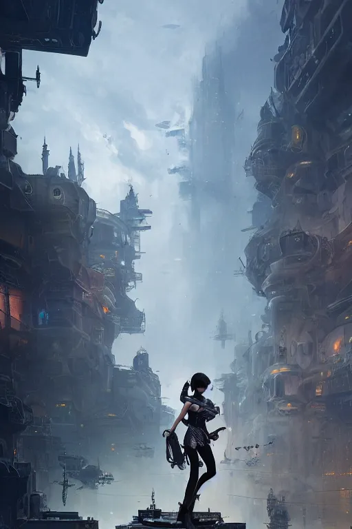 Prompt: a portrait of a small women wearing sci-fi armour standing in the foreground of a steampunk city by Greg Rutkowski, Sung Choi, Mitchell Mohrhauser, Maciej Kuciara, Johnson Ting, Maxim Verehin, Peter Konig, final fantasy , mythical, 8k photorealistic, cinematic lighting, HD, high details, atmospheric,