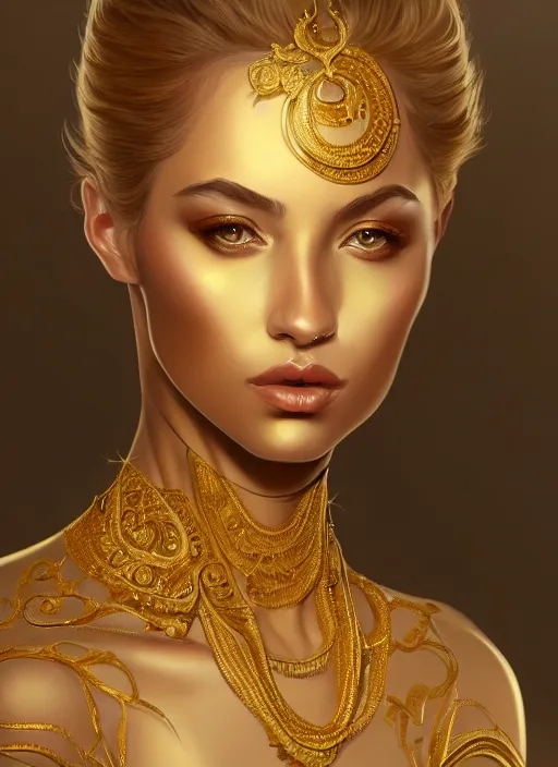 Image similar to portrait of female, gold, intricate, elegant, highly detailed, digital painting, artstation, concept art, smooth, sharp focus, illustration