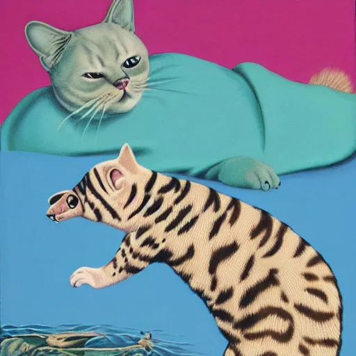 Image similar to hybrid cat and sturgeon, unusual animal, quality art in color