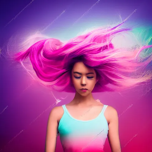 Image similar to a award winning full body shot of a beautiful woman in a croptop with a ombre purple pink teal hairstyle with head in motion and hair flying, outrun, vaporware, vivid colors, highly detailed, fine detail, intricate