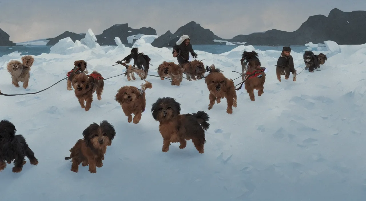 Prompt: havanese dogs and men in the arctic, havanese dogs pulling dog sleds, 1 9 0 0, tartakovsky, atey ghailan, goro fujita, studio ghibli, rim light, bright harsh lighting, clear focus, very coherent