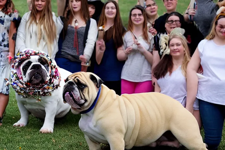 Image similar to a crowd of high school graduates petting an english bulldog wearing a crown, english bulldog wearing a plastic crown