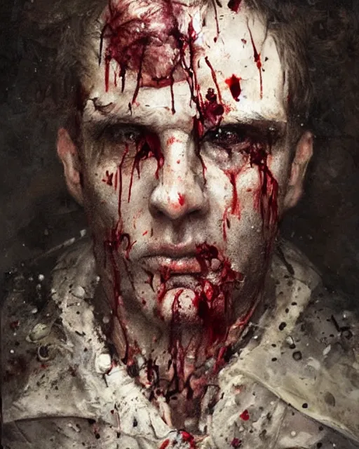 Prompt: A hyper realistic oil portrait of a man in his 40s dressed like a priest, torn clothes, covered in wounds, blood on clothes, by Greg Rutkowski, creepy atmosphere, gloomy lighting, trending on artstation