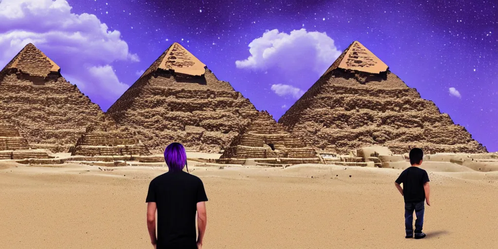 Prompt: landscape, steve jobs and a boy with purple hair in front of the pyramids, hyperrealism, intricate, 8 k, high detail