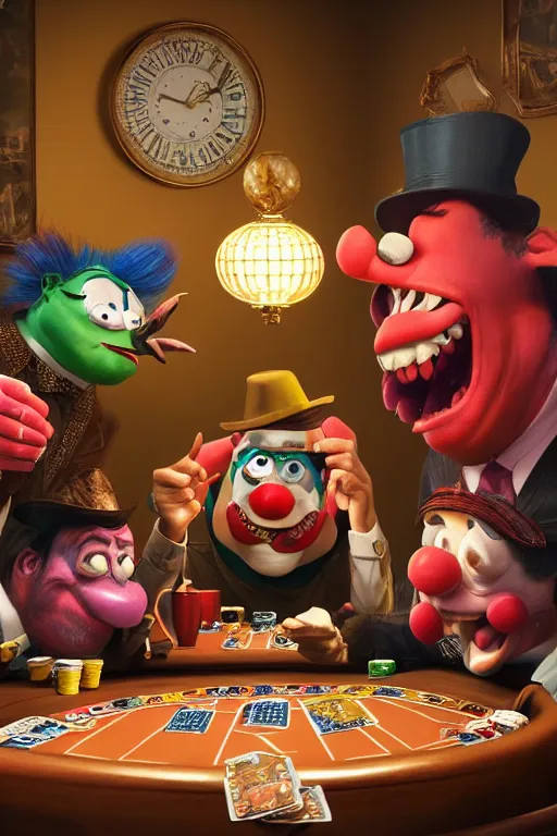 Image similar to pixar serious people playing poker, an angry clown is sitting at the table, screaming | glamorous oily soft polished rich ornate modern | weta disney pixar movie still photo | hi - fructose, sci fi fantasy, smooth, octane render, sharp focus, artstation, concept art | artgerm, mucha, rutkowski, feng zhu, wlop, loish