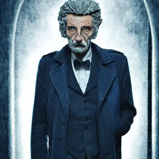 Image similar to poor lion man as a rough dirty old man with a scruffy beard in a dark blue trenchcoat as the new doctor who, cinematic, volumetric lighting, f 8 aperture, cinematic eastman 5 3 8 4 film, photorealistic