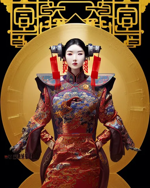 Image similar to portrait of a chinese cyberpunk machine, machine face, robed, upper half portrait, decorated with chinese opera motifs regal asian machine robot cyberpunk fine china, wuxia, traditional chinese art intricate intense elegant highly detailed digital painting artstation concept art smooth sharp focus illustration, art by artgerm and greg rutkowski alphonse mucha 8 k