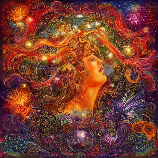 Prompt: album cover design by Josephine Wall, fireworks and cozy nook, digital art