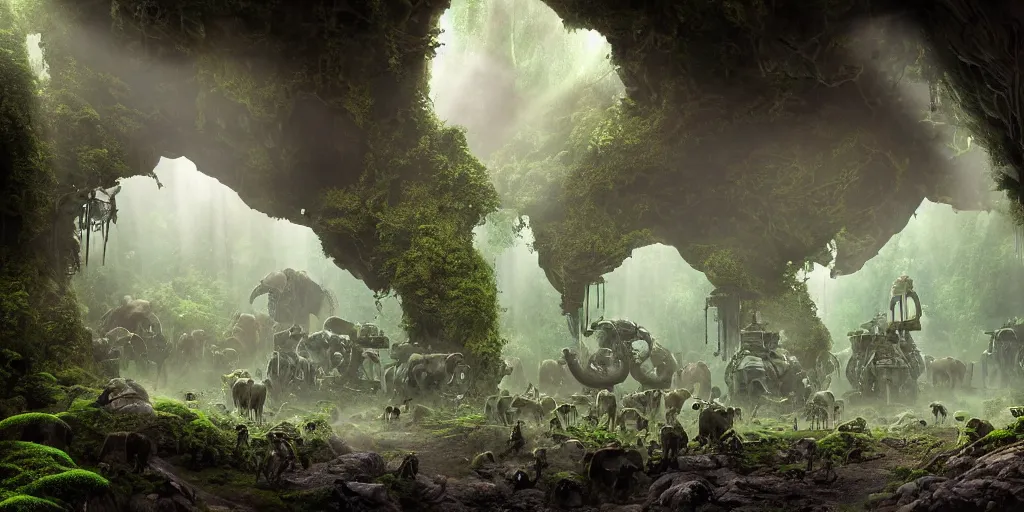 Image similar to herd of magnificent mechanical steampunk elephants looking eerily into a cave entrance with lush vegetation and mystical (((glowing algae))) in the dawn, light coming through from holes in the ceiling, waterfalls, desaturated, creepy ambiance, dangerous, sharp focus, highly detailed, artgerm