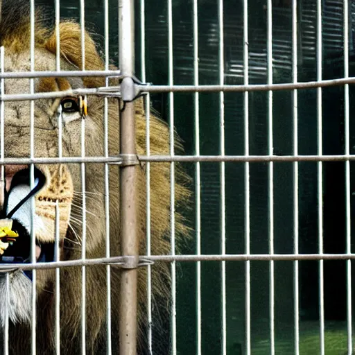 Prompt: lion roaring in cage at the zoo