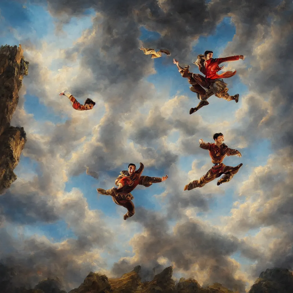 Image similar to full body oil painting of man jumping from a castle in the air