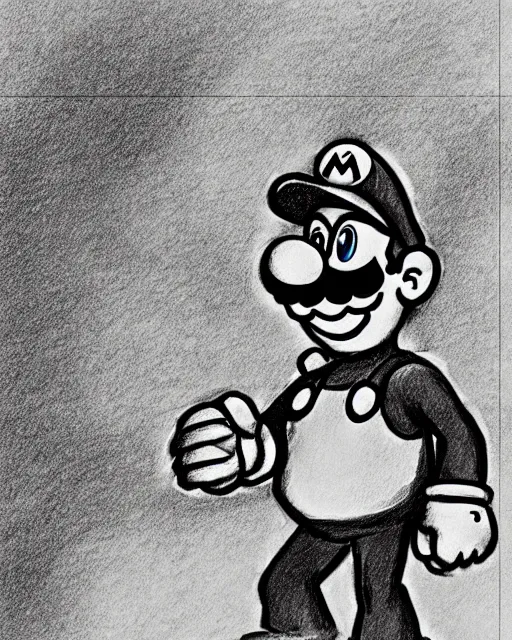 Image similar to super mario on the stand, court room sketch, fine details, concept art, extremely detailed, black and white, very sharp, in the style of elizabeth williams