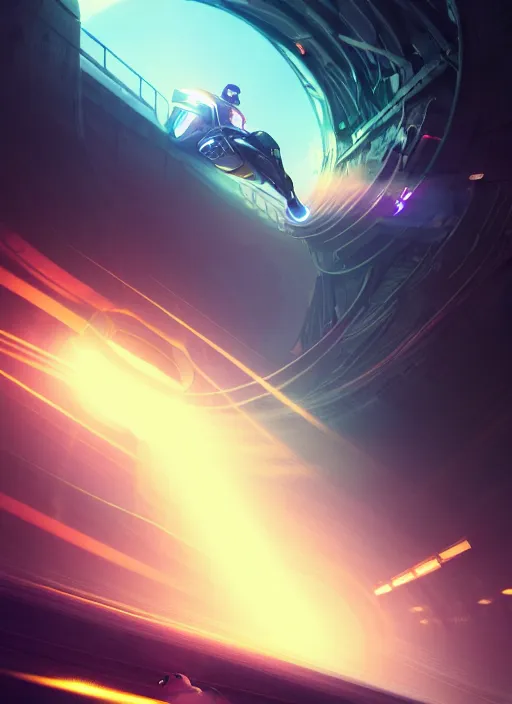 Prompt: highspeed hyper jump in space accelerated movement in the tunnel blurry forward movement glowing beams of light, cinematic view, epic sky, detailed, concept art, low angle, high detail, warm lighting, volumetric, godrays, vivid, beautiful, trending on artstation, by jordan grimmer, huge scene, grass, art greg rutkowski