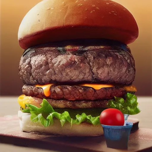 Image similar to delicious jumbo burgers, realistic, 8 k, extremely detailed, cgi, trending on artstation, hyper - realistic render, by greg rutkowski