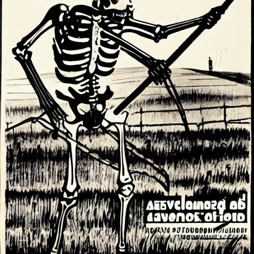 Prompt: a farmer skeleton working his field, soviet propaganda poster