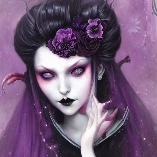 Image similar to a beautiful!! portrait of a blood witch, gothic kimono in purple and black!!!, blue eyes! by loish! and tom bagshaw