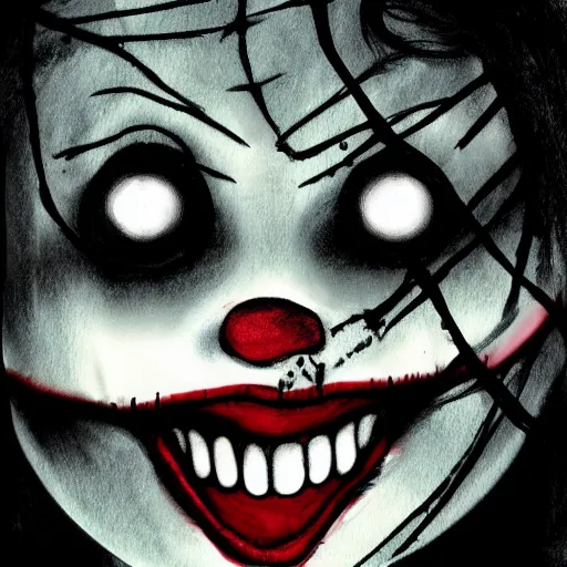 Image similar to grunge drawing of a happy clown in the style of the grudge | horror themed | loony toons style