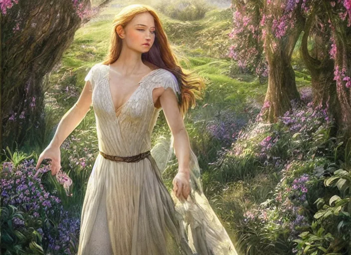 Prompt: portrait of a beautiful women with wings of lace in a lord of the rings scenery landscape, symmetrical body, face by artgerm, river, tall flowers, sunny day, highly detailed, perfect lighting, perfect composition, 4 k, by alan lee, by derek zabrocki, by greg rutkowski