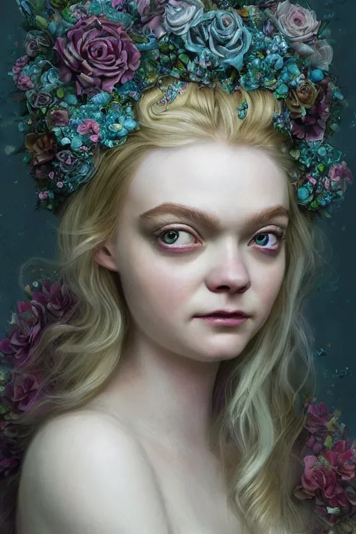 Image similar to closeup portrait shot of elle fanning as delirium of the endless, the sandman, the fairy queen, floral growth, thick fancy makeup, highly detailed, digital painting, artstation, concept art, soft focus, depth of field, artgerm, tomasz alen kopera, peter mohrbacher, donato giancola, wlop, boris vallejo