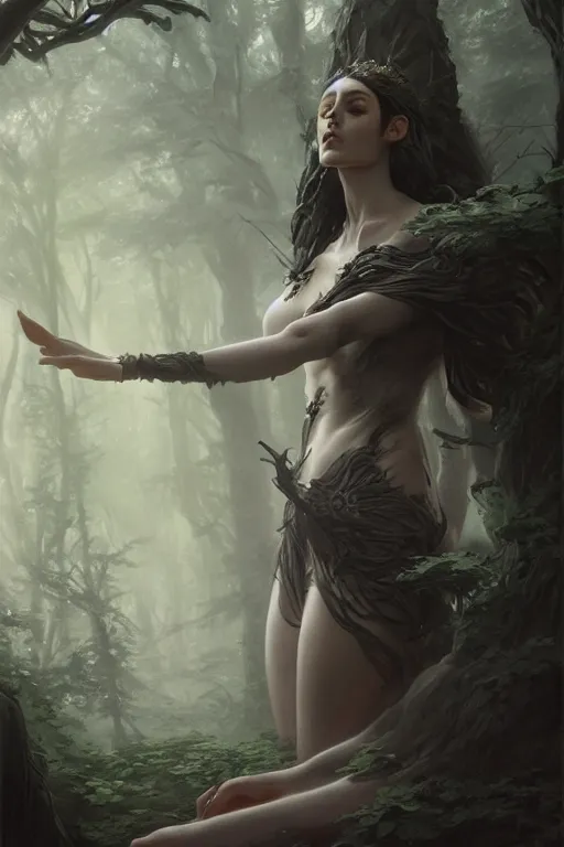 Prompt: goddess of the dark forest, highly detailed, digital painting, artstation, concept art, smooth, sharp focus, illustration, unreal engine 5, 8 k, art by artgerm and greg rutkowski and edgar maxence