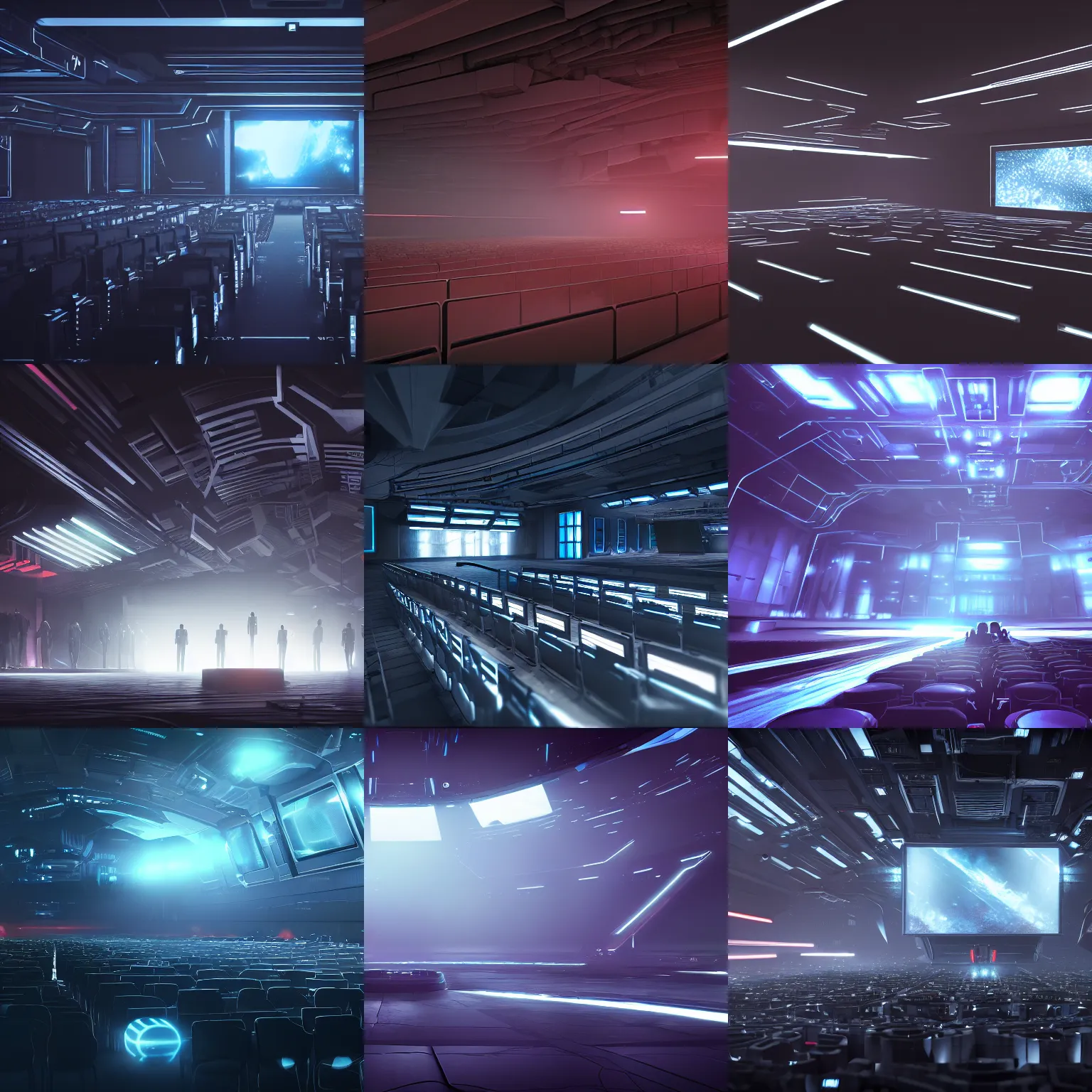 Prompt: digital concept art of a [ very small ] dark futuristic show venue with a large bright screen in front of twenty people, grey, realistic, global illumination, raytracing, unreal engine, octane render, high detail, environment, sharp focus, artstation