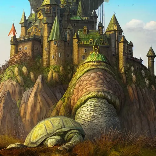 Image similar to large fantasy castle on top of a giant tortoise similar to howls moving castle and mortal engines, located in a harsh wasteland with harsh sunlight, distant - mid - shot, fantasy, hyper detailed, realistic