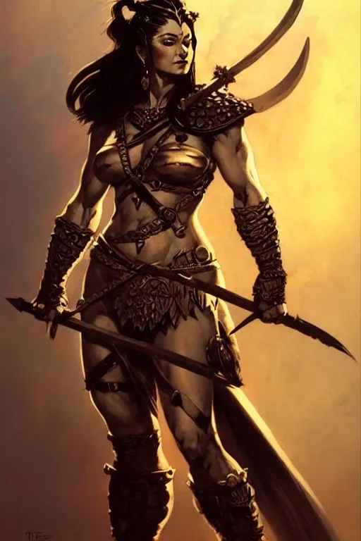 Image similar to warrior princess character portrait by frank frazetta - wearing ornate armor, holding a spear, striking a pose, fantasy, dungeons & dragons, sharp focus, beautiful, artstation contest winner, detailed