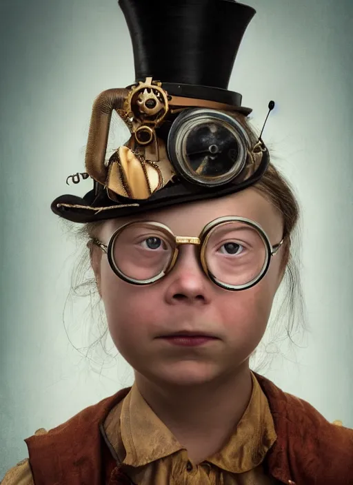 Prompt: closeup portrait of a steampunk greta thunberg wearing a top hat and goggles, depth of field, zeiss lens, detailed, symmetrical, centered, fashion photoshoot, by Annie Leibovitz and Steve McCurry, David Lazar, Jimmy Nelsson, Breathtaking, 8k resolution, extremely detailed, beautiful, establishing shot, artistic, hyperrealistic, beautiful face, octane render