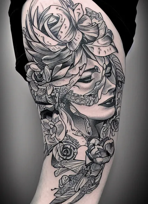 Image similar to tattoo flash woman art, black and white, by james jean