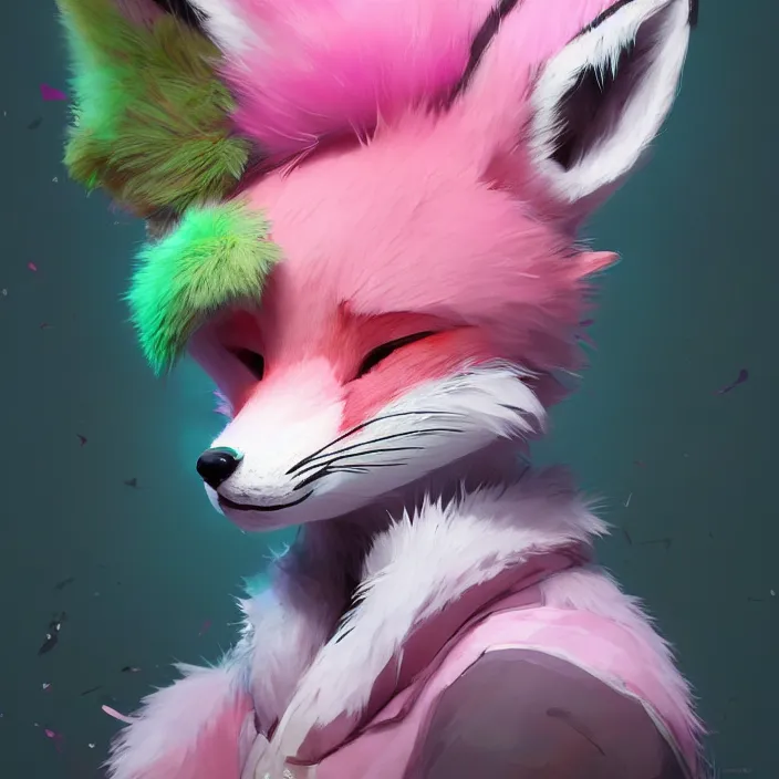 Image similar to a beautiful headshot portrait of a cute anime male fox boy with pink and green fur. character design by cory loftis, fenghua zhong, ryohei hase, ismail inceoglu and ruan jia. artstation, volumetric light, detailed, photorealistic, fantasy, rendered in octane