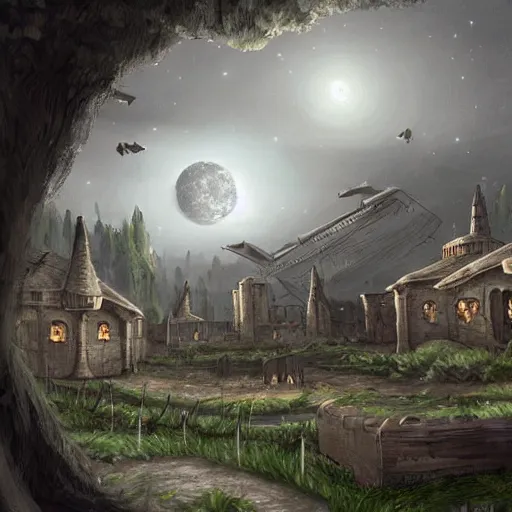 Image similar to medieval suburban neighborhood on the surface of the moon, space plants, concept art,