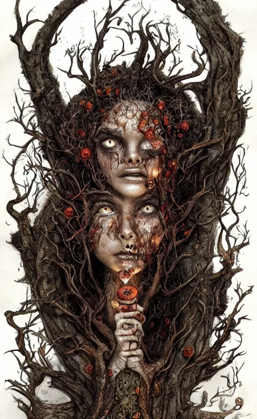 Image similar to rotten tree spirit dryad with a beautiful face and flaming mouth and eyes, mushrooms, fungi, lichen, sketch lines, graphite texture, old parchment, guillermo del toro concept art, justin gerard monsters, intricate ink illustration