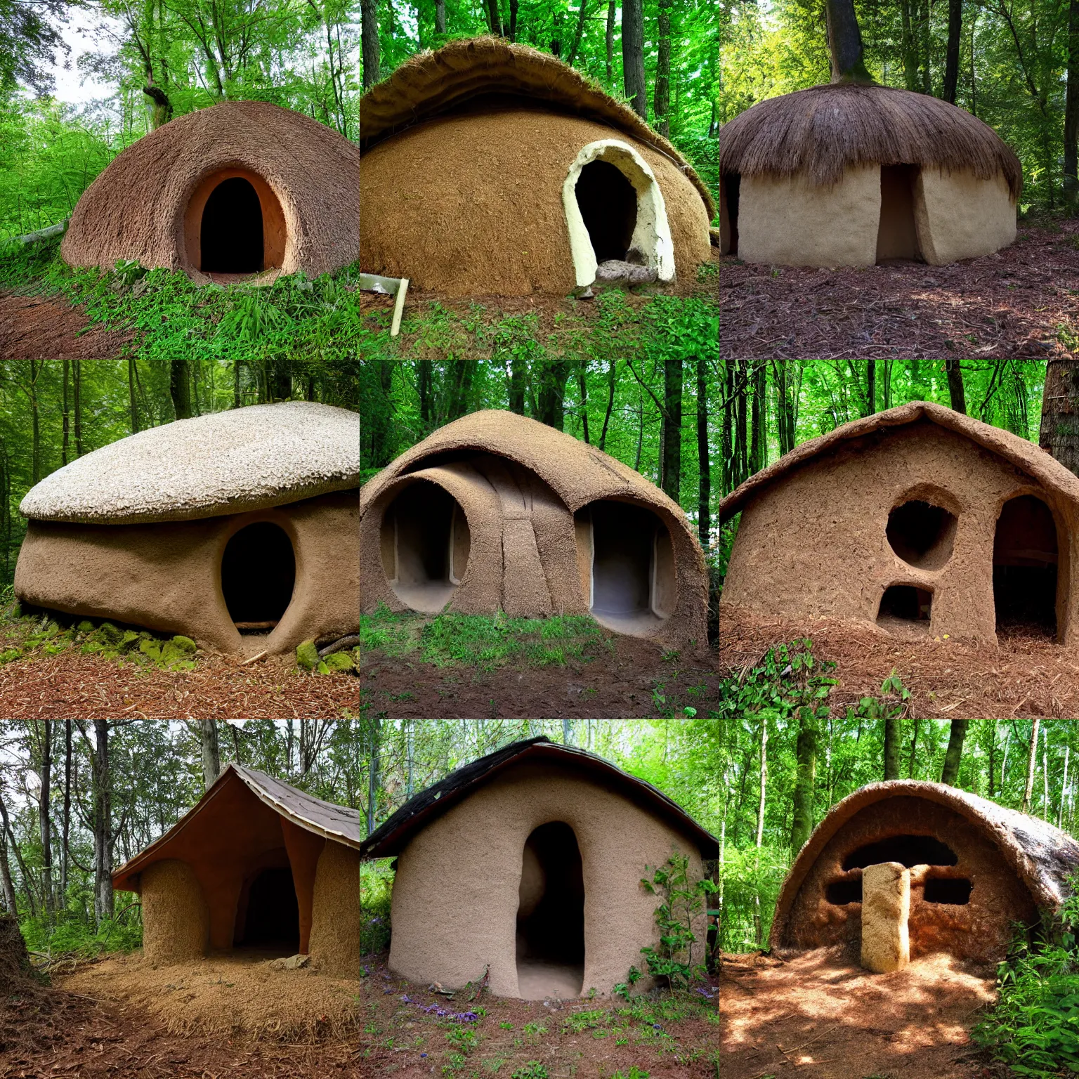 Prompt: natural sustainable cob house clay in the woods digital photo 8 k