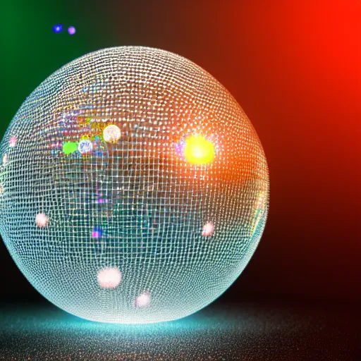 Image similar to render of an ultrarealistic photograph of a very clear and crystal disco ball with a high - powered laser shooting light into the disco ball and dispersing full spectrum light beautifully onto the surrounding surfaces, light dispersion, light effects, 3 d render, octane render, luxcore render, visual caustics, light dispersion, 8 k