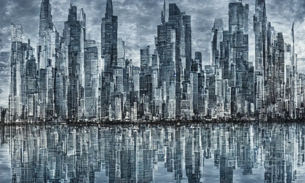 Prompt: reflections of a city skyline in water photorealistic