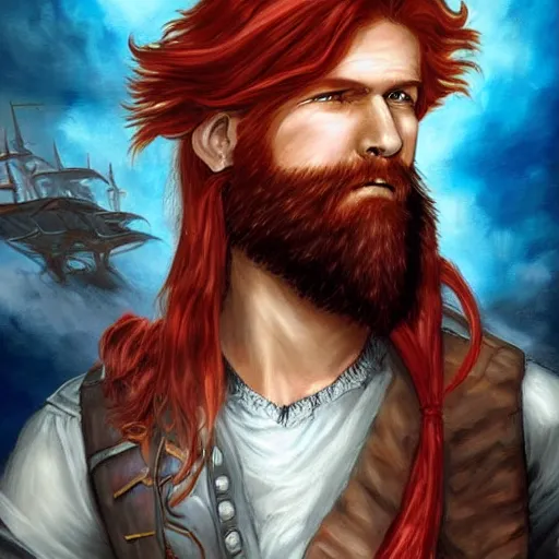 Prompt: an epic fantasy comic book style portrait painting of a long haired, red headed male sky - pirate in front of an airship in the style of bayard wu