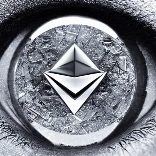 Image similar to silver ethereum cryptocurrency symbol as the eye of a beast, epic fantasy digital art