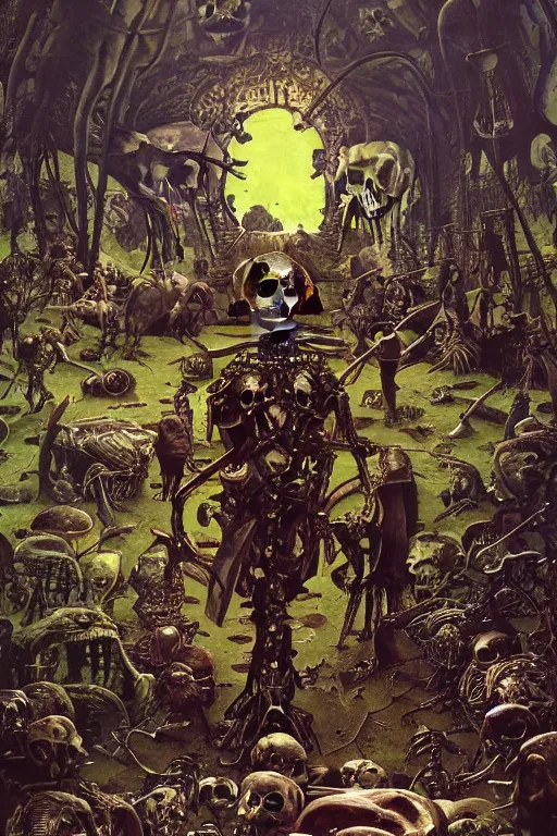 Prompt: a huge skeleton in full plate armor, channeling third eye energy, surrounded by a background of dark cyber mystic garden of earthly delights, midnight hour, painted part by wojciech siudmak, part by ilya repin, part by norman rockwell, part by hype williams, artstation
