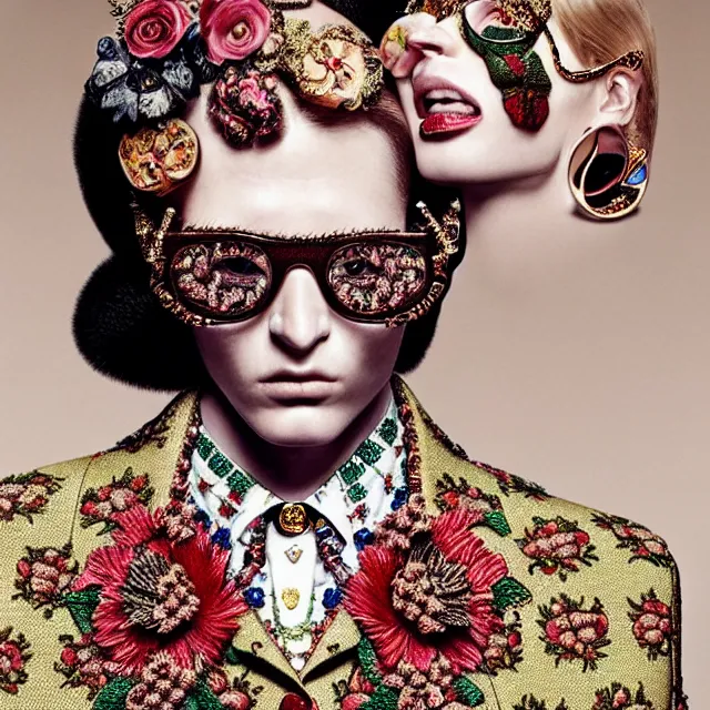 Image similar to a very beautiful gucci portrait, highly detailed, intricate, photography, fashion campaign