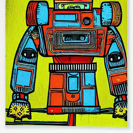 Prompt: colorful robot woodcut print by Julie De Graag