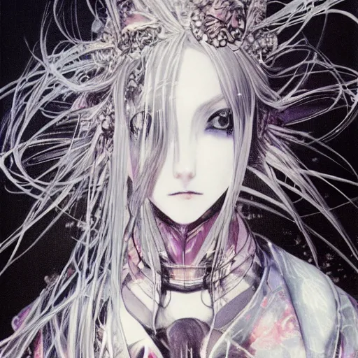 Image similar to yoshitaka amano blurred and dreamy illustration of an anime girl with pirate eye patch, wavy white hair and cracks on her face wearing elden ring armour with the cape fluttering in the wind, abstract black and white patterns on the background, noisy film grain effect, highly detailed, renaissance oil painting, weird portrait angle