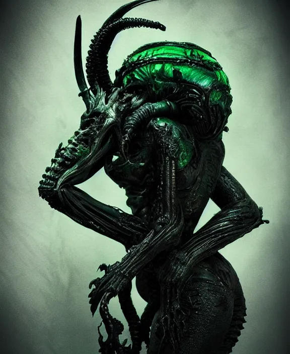 Image similar to xenomorph queen goth model hybrid, dragon eggs, dark emerald mist colors, giger background liminal void, cinematic lighting, realistic, award winning photograph, various refining methods, micro macro autofocus