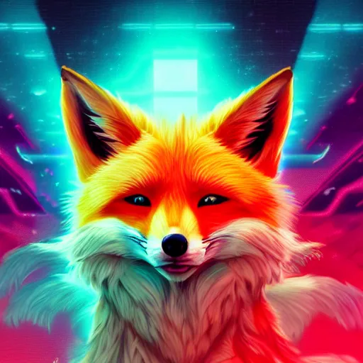 Prompt: digital fox, retrowave palette, digital world, extremely detailed, electric breeze, anatomically correct vulpine, synth feel, fluffy face, ear floof, flowing fur, super realism, accurate animal imagery, 4 k digital art