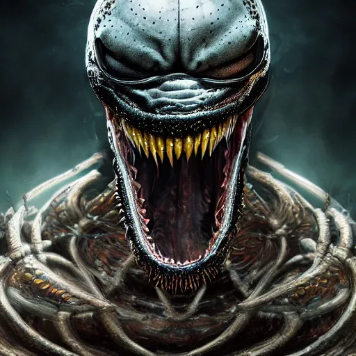 Image similar to portrait of venom, intricate artwork, concept art, octane render, deviantart, cinematic, key art, hyperrealism, iridescent accents, portrait photograph, nikon 3 5 mm, photograph by greg rutkowski