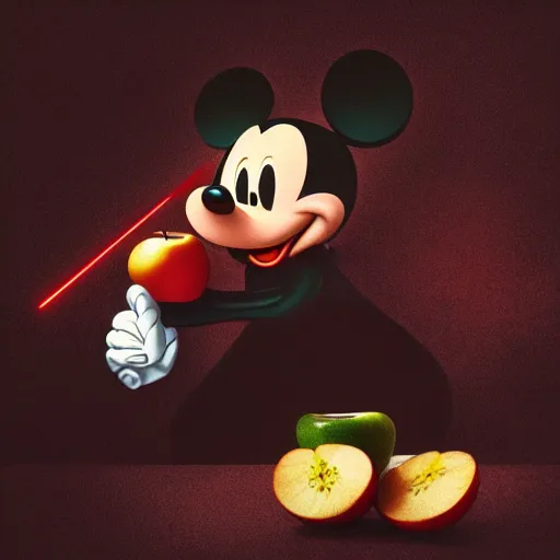 Prompt: mickey mouse crossed with darth vader eating an apple renaissance painting, michelangelo, leonardo da vinci, 4 k, octane render