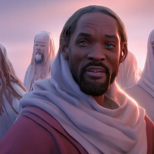 Image similar to jesus meet will smith, cgsociety, artstation, 8 k, dreamworks, hyperdetalied,