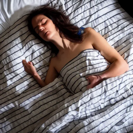 Prompt: A woman sleeping on a bed made of doughnuts